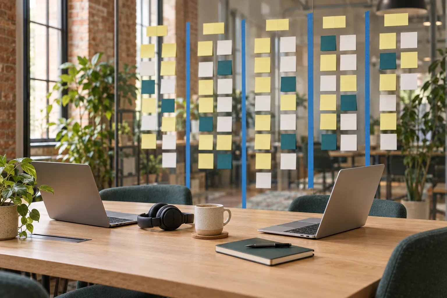 A startup office with a glass wall of sticky notes arranged in workflow columns, above a shared table with two laptops, a headset, a coffee mug, and a notebook.