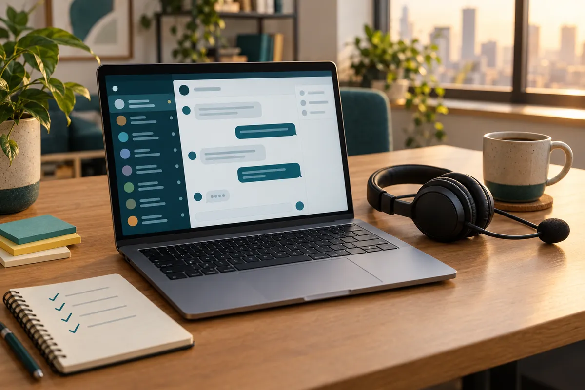 A support desk with a laptop showing a chat inbox, a headset with a microphone, sticky notes, a coffee mug, and a notebook with a checklist.